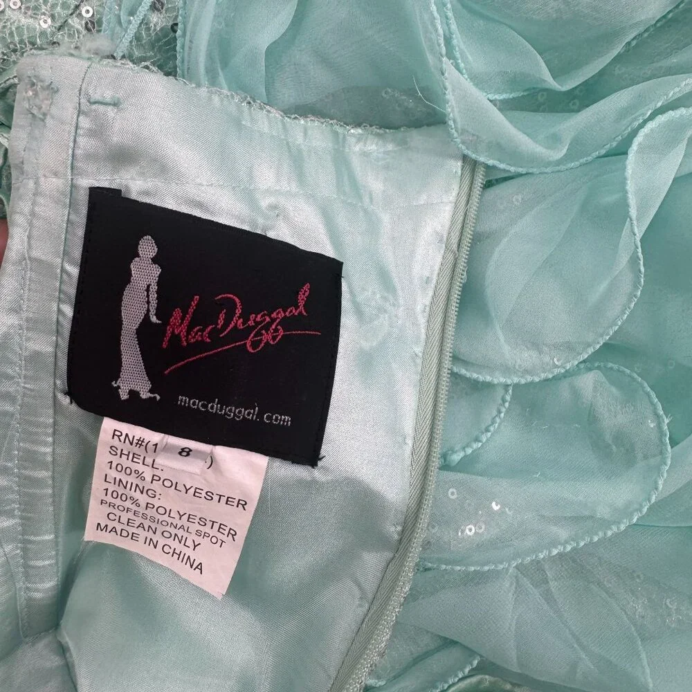 MacDuggal Sea Foam Jeweled Striped Strapless Corset Ruffled Gown - Picture 6 of 8